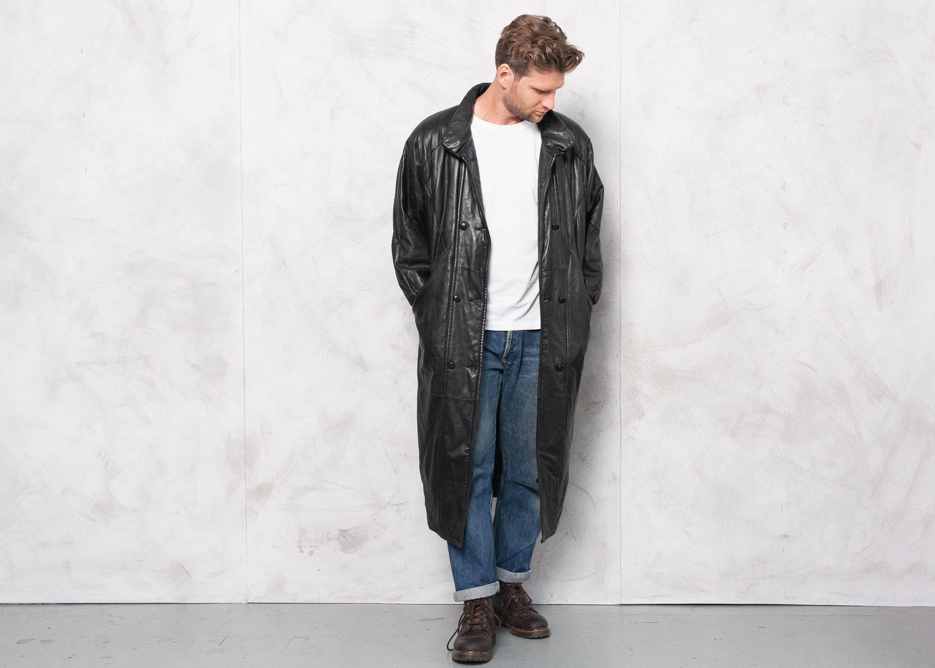 Vintage Black Leather Coat . Men's 90s Cocoon Coat Men Overcoat Leather