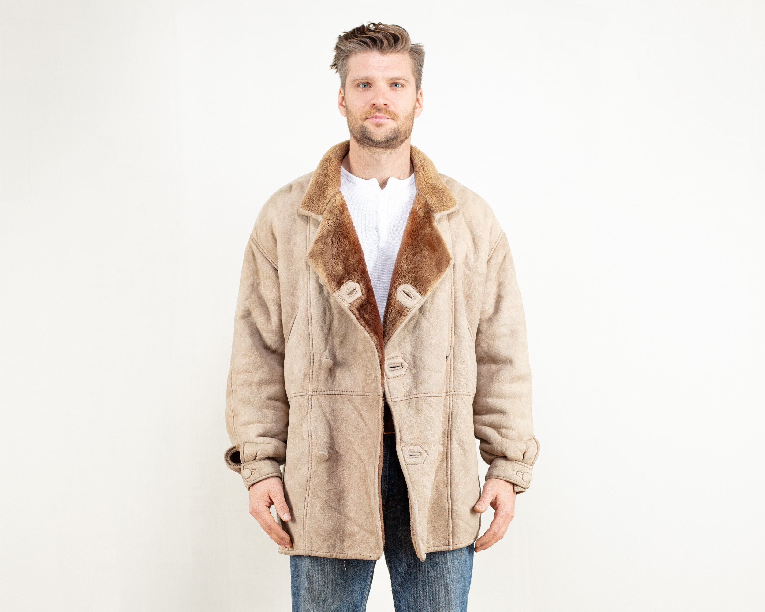 Vintage Beige Suede Sheepskin Coat Men 
