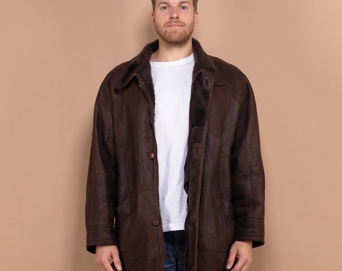 Men Vintage Coat, Shearling Leather Coat, Size L XL, 90's Vintage Clothing, Dark Brown Coat, Sheepskin Coat, Winter Clothing, BetaMenswear