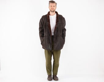 70s Vintage Brown Sheepskin Coat, Heavy Leather Overcoat, Men's Size L