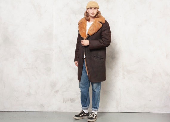 Sheepskin Coat Vintage Men Brown Overcoat 70's Men