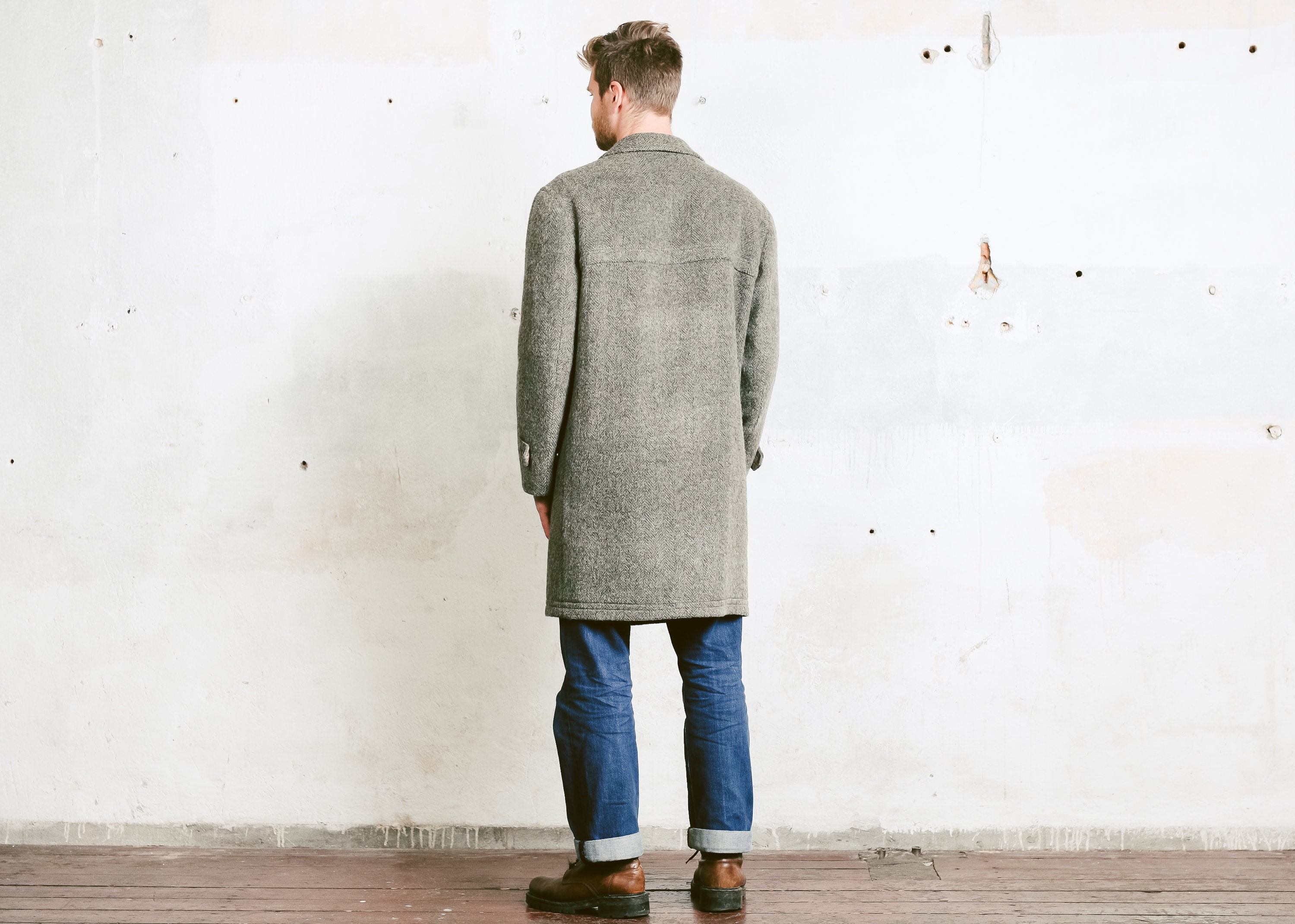 Men 80s Grey Wool Overcoat . Vintage Herringbone Tweed Winter Coat ...