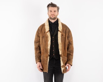 90s Vintage Shearling Coat, Rugged Brown Sheepskin Leather, Men's Size L