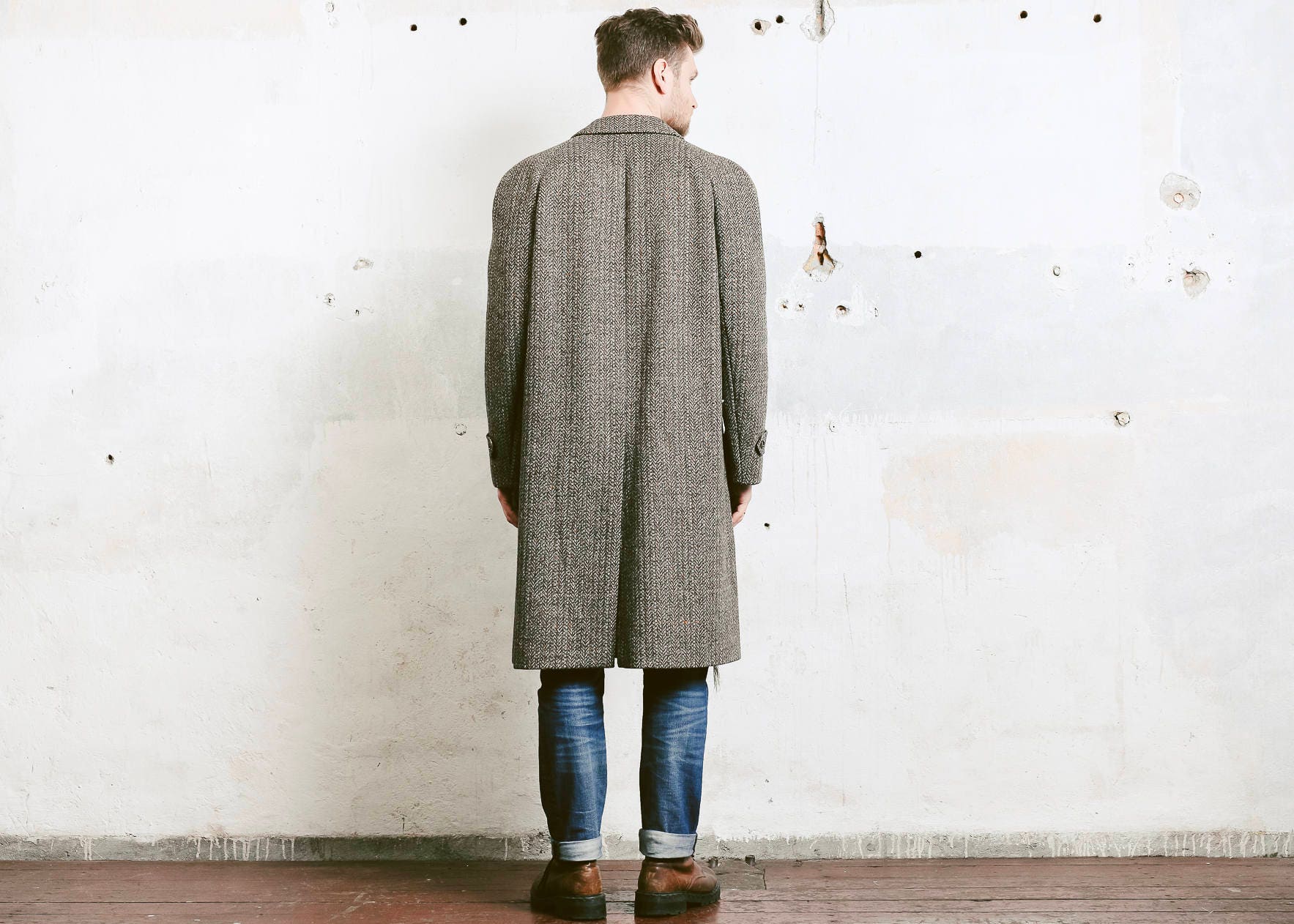 Winter Coat . Men's Wool Overcoat Vintage Brown Herringbone Tweed Coat ...