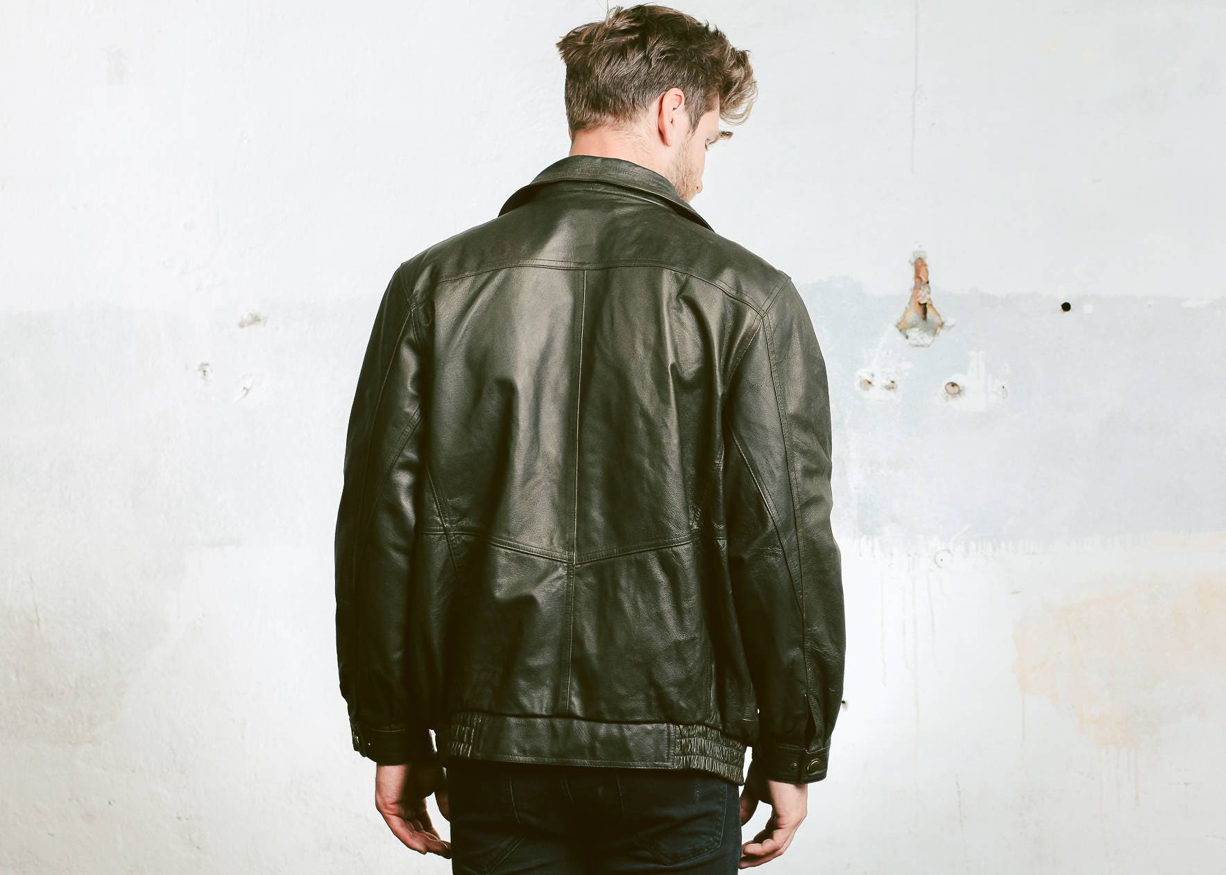 Men Leather Bomber Jacket . Vintage 80s Flight Aviator Jacket Brown ...