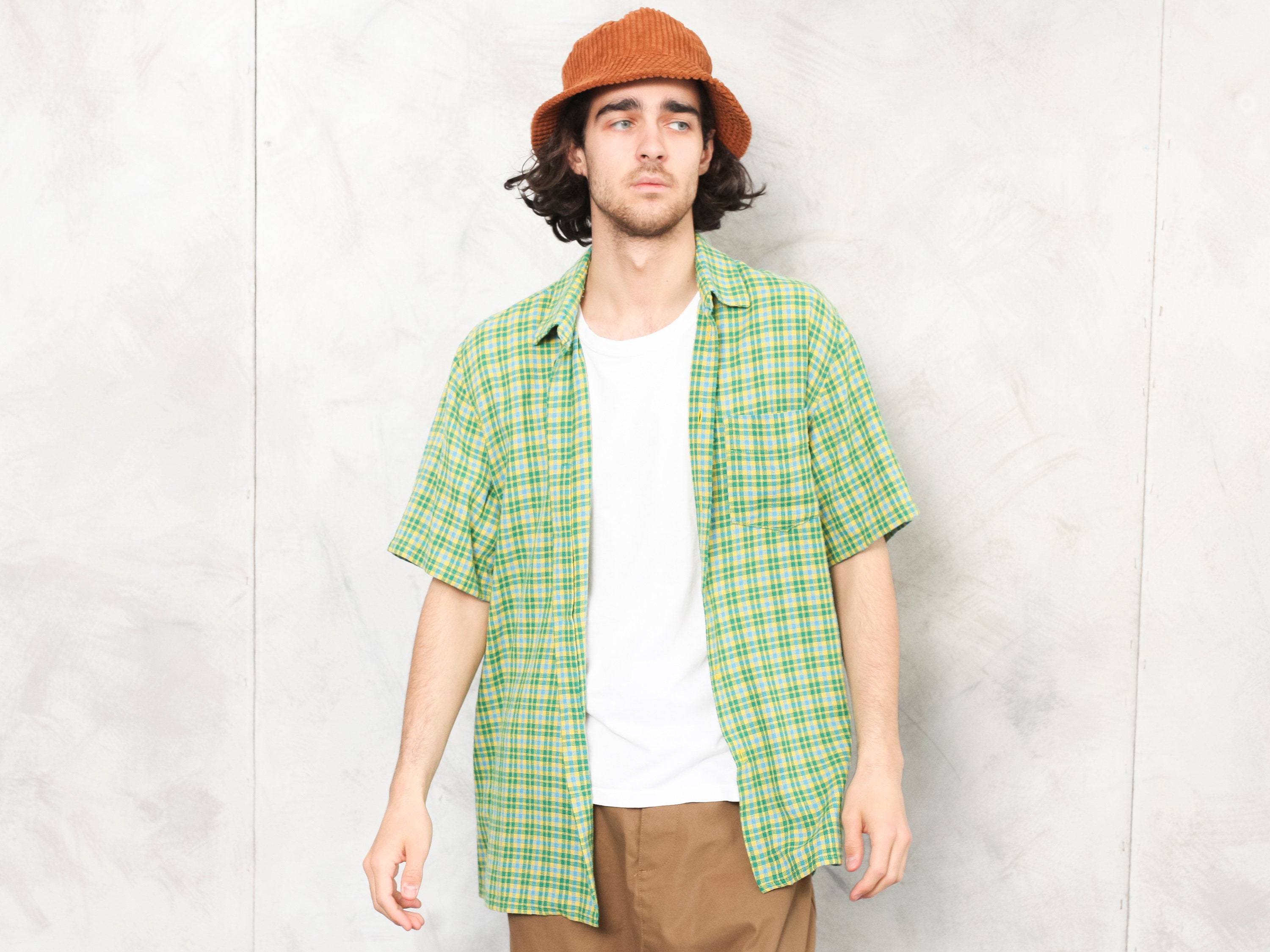 Plaid Green Shirt vintage 80s cotton summer shirt button up short ...