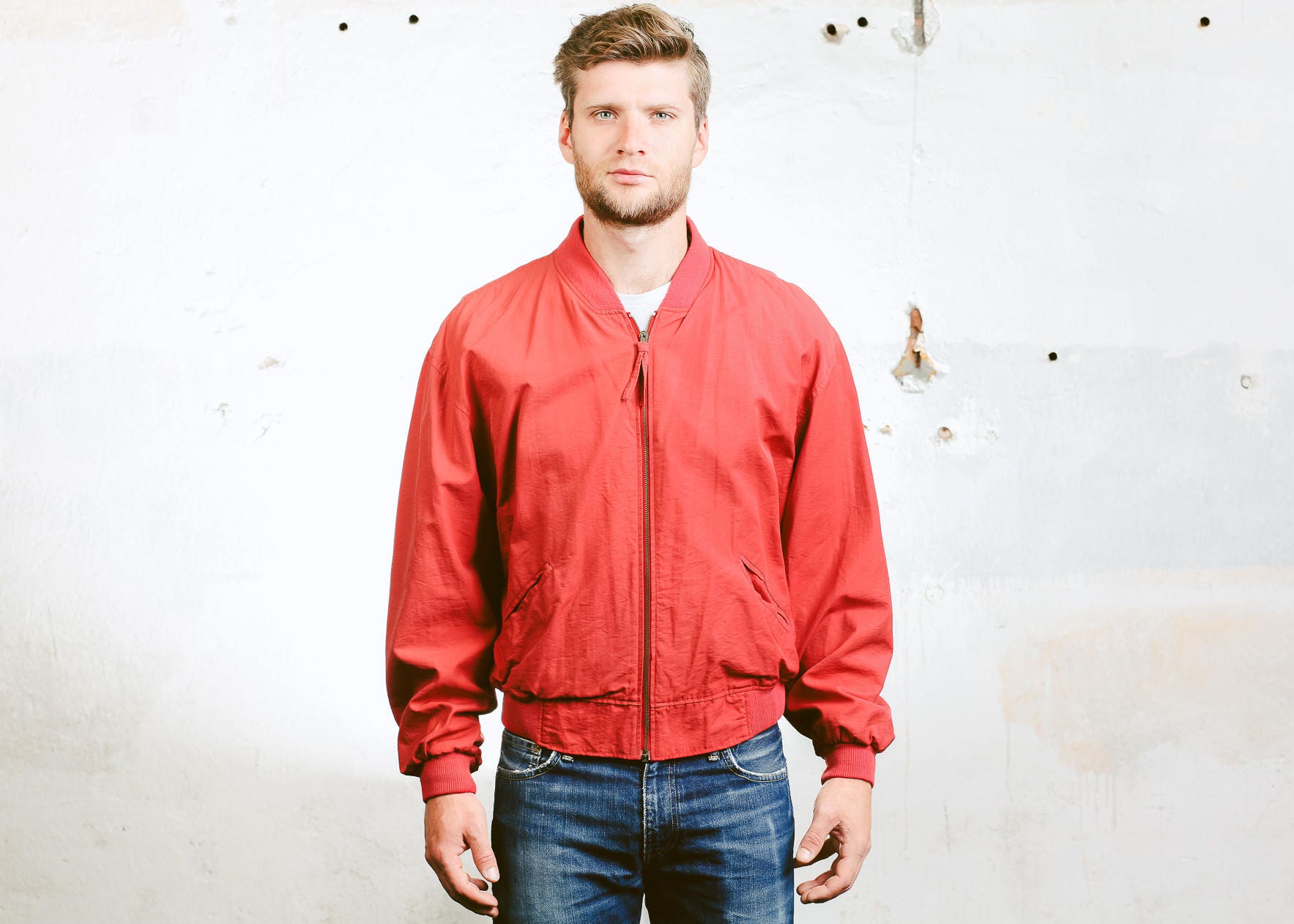 Men's BOMBER Jacket . Vintage 90s Red Aviator Flight Jacket Lightweight ...