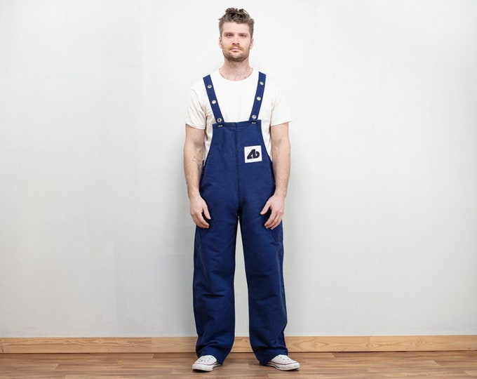 Blue Men Dungarees vintage 80s work jumpsuit chore dungarees garage car mechanic cover jumpsuit fashion clothing indigo blue, extra large