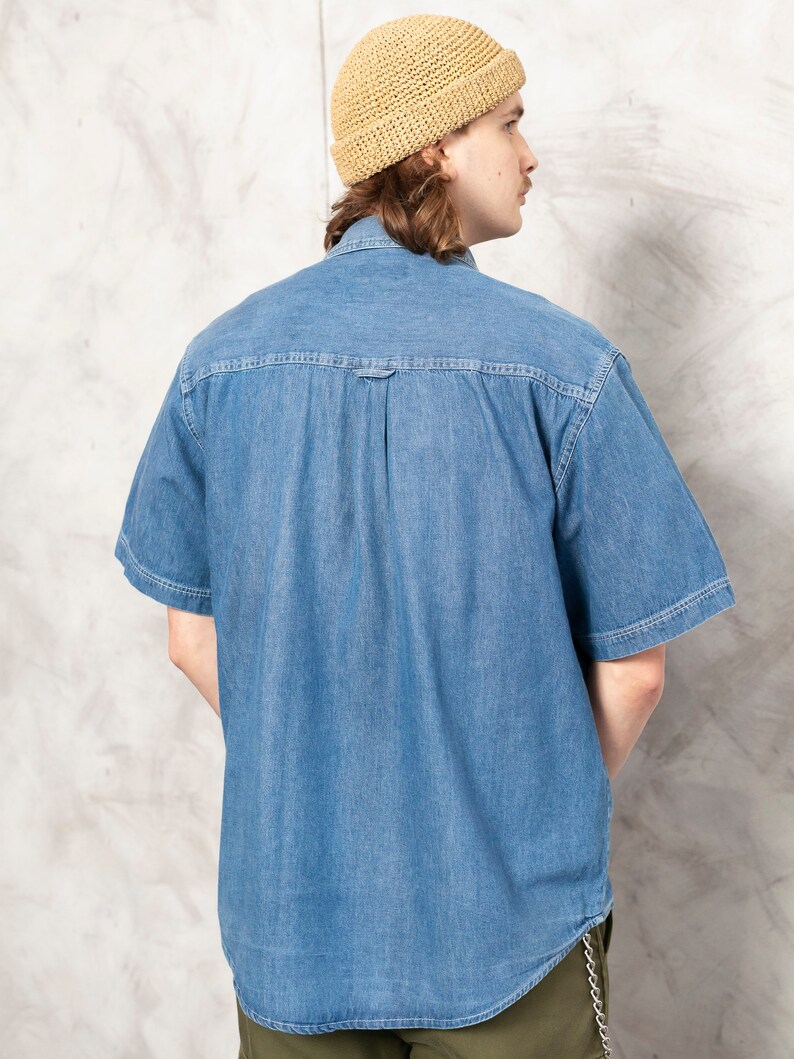 Denim Men Shirt vintage 90s short sleeve western shirt blue free fit jean shirt cotton button down shirt men clothing size xl extra large