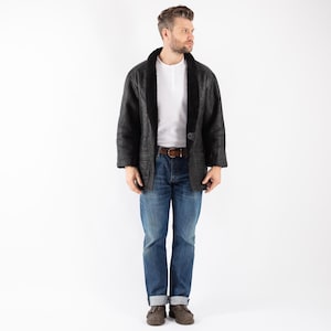 90s Black Sheepskin Coat, Size L Sheepskin Coat, Men Shearling Coat, Retro Leather Coat, Black Barn Coat, Mens Clothing, BetaMenswear