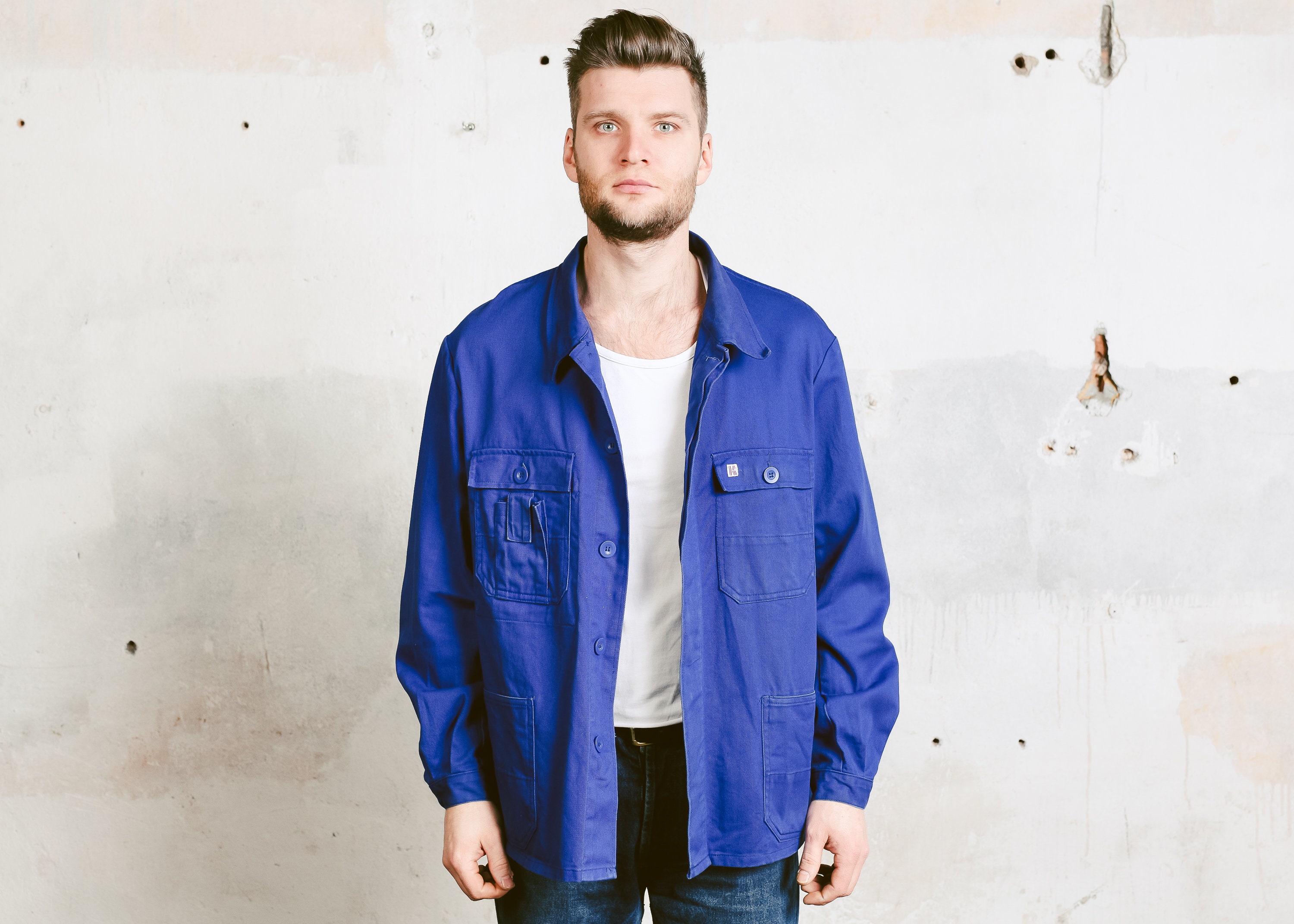 Men Vintage Work Jacket . Chore Coat Men Jacket Indigo Blue Outerwear ...