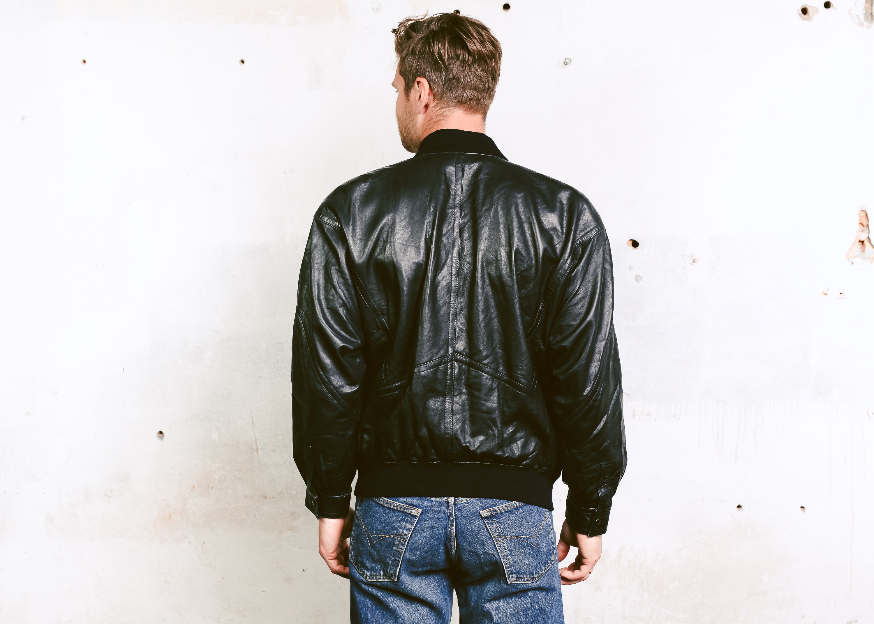 90s Black Leather Bomber Jacket . Men's 90s Jacket Black Punk Rock