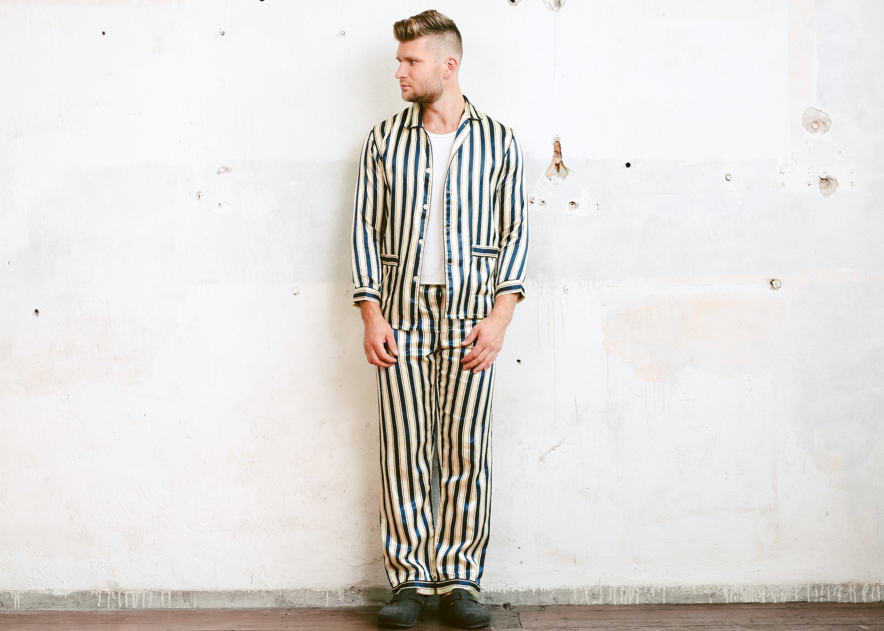 Vintage 80s Striped Satin Men Pajamas . Blue Yelloe Stripe Pattern ...