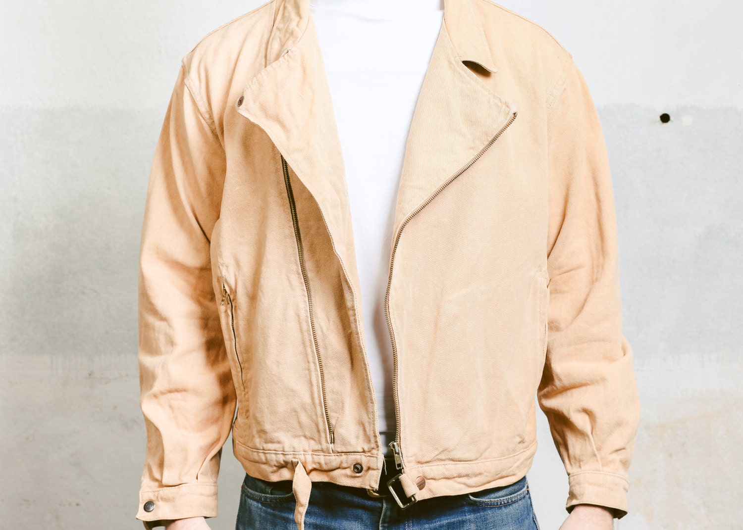 Vintage Biker Style Denim Jacket for Men . Vintage 70s Moto Jacket Men