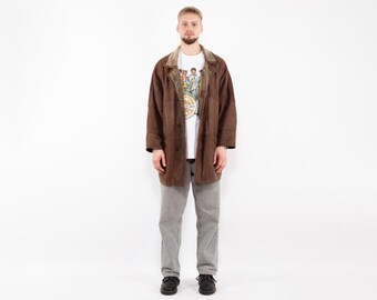 90s Men's Brown Sheepskin Coat - Vintage Shearling Overcoat Size L