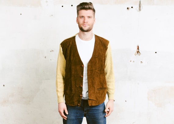 Knit and Leather Cardigan . Vintage 80s Jacket Bei