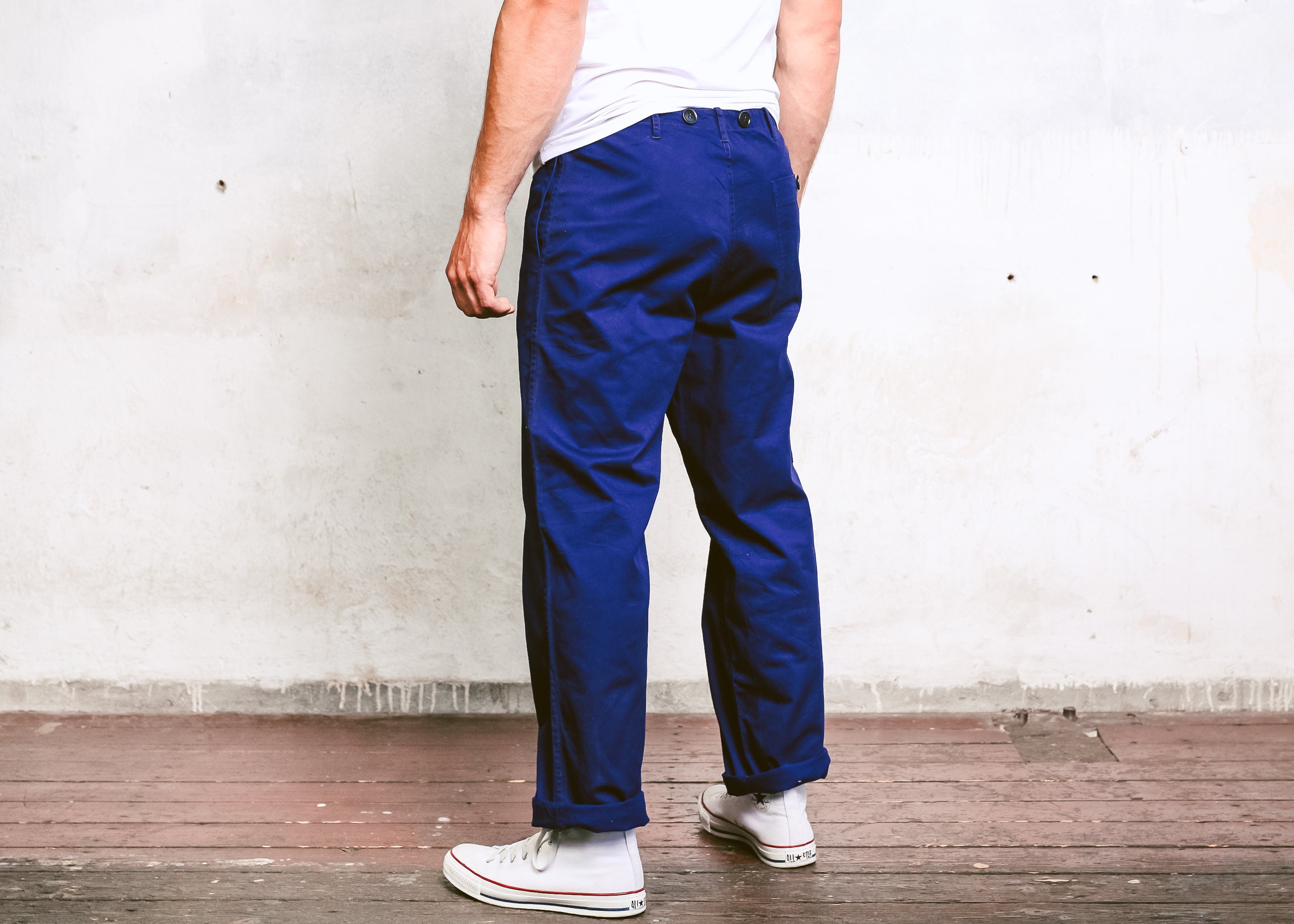 Vintage Utility Pants . Navy Blue Men Ankle Pants Cotton Trousers Chore Pants Cargo Pants