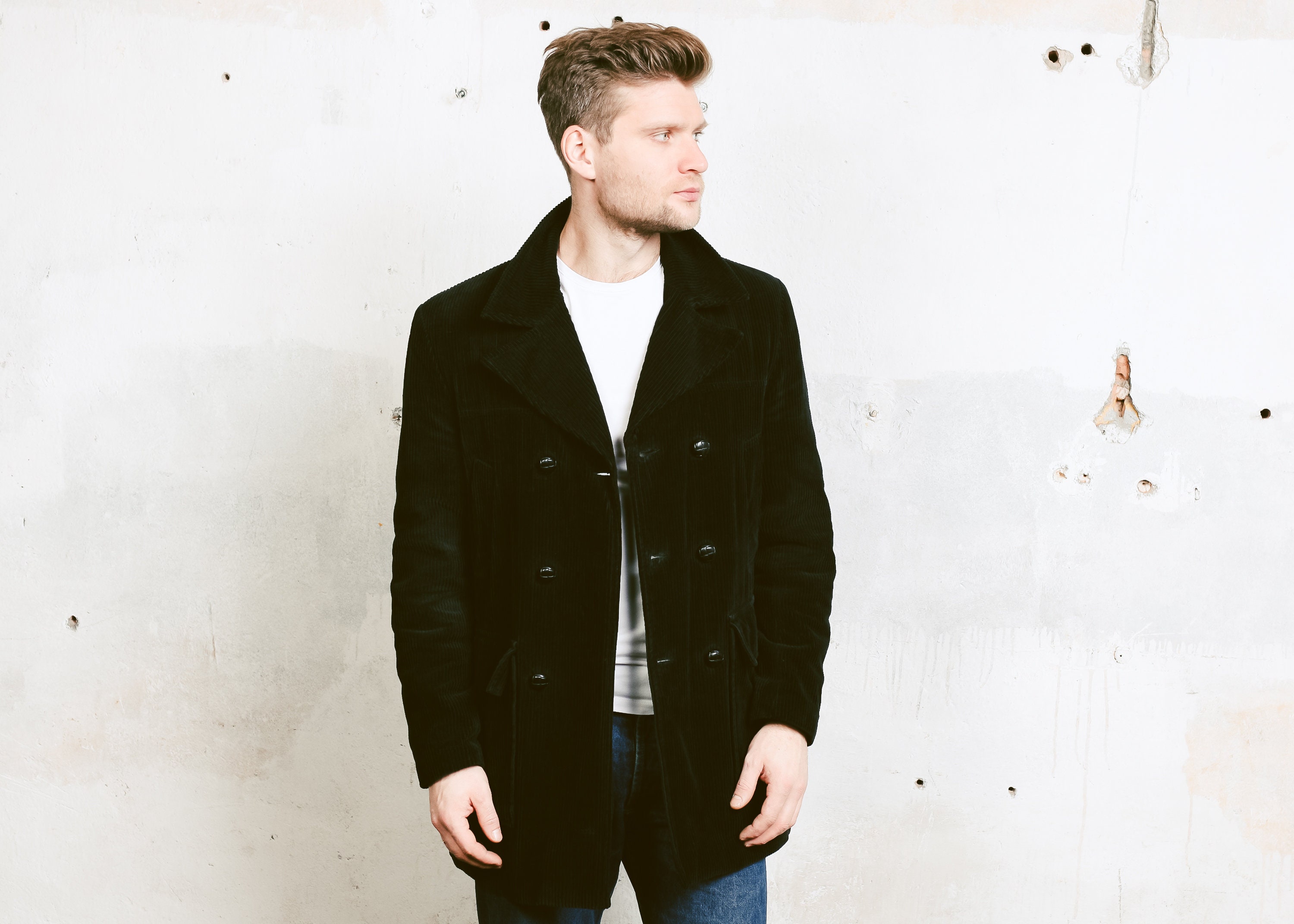 Vintage Corduroy Coat . Men Black Cord Trench Coat Outerwear Long