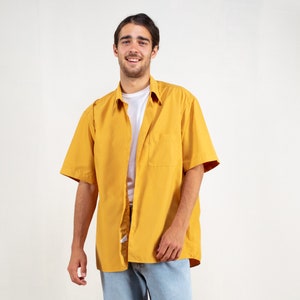 Yellow Men Shirt summer vintage 90's bold casual shirt minimalist shirt short sleeve button down shirt bold office shirt size large