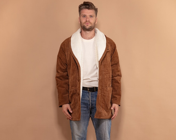Men Suede Sherpa Coat 80's,  Size Medium, Vintage Caramel Brown Coat, 90's Faux Sheepskin Winter Coat, Boho Western Style Overcoat
