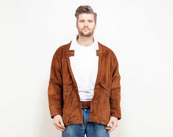Vintage Faux Sheepskin coat men sherpa jacket brown sheepskin coat shearling winter button-up jacket vintage size medium m