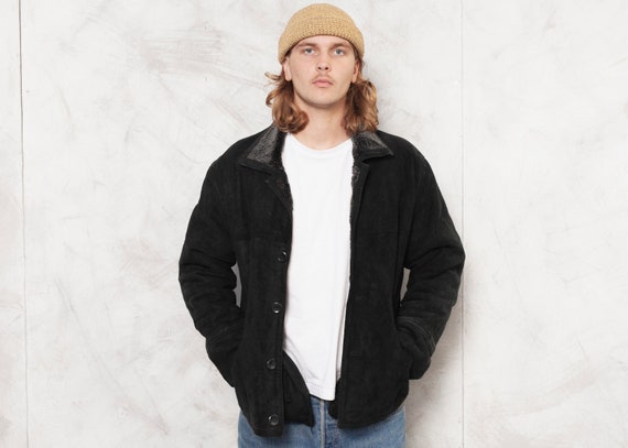Black Suede Jacket Men Vintage Men Winter Jacket L