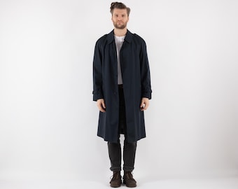 70s Vintage Navy Blue Cotton Blend Trench Coat, Men's Size L