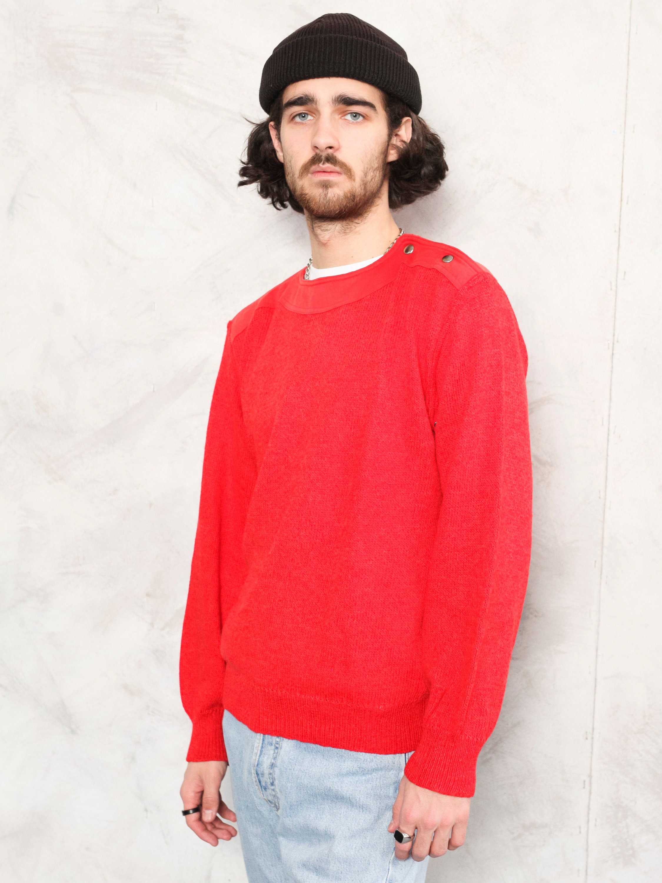 70s Knit Sweater vintage man clothing red retro pullover boho clothing