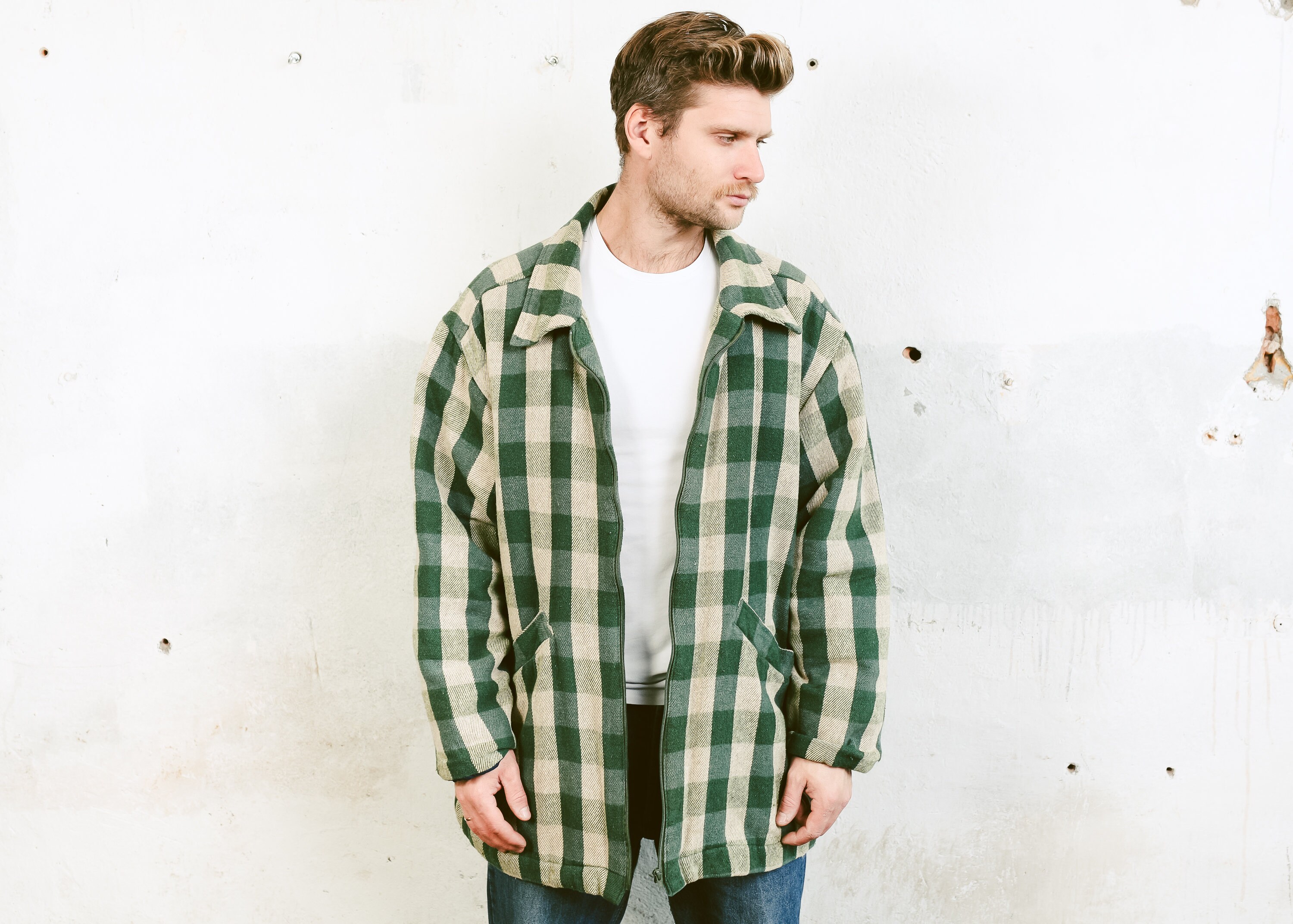 vintage plaid jacket windbreaker hoodie blue green 1990s