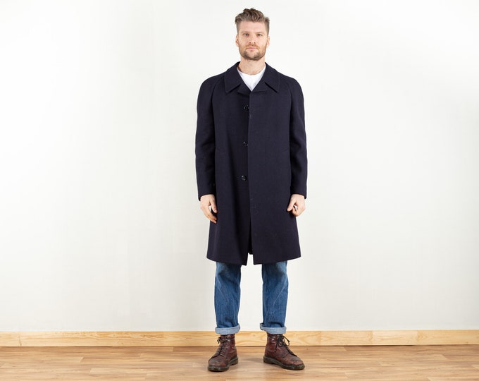 Navy Blue Wool Coat bold casual vintage 80s classic men winter overcoat mac coat warm coat men retro coat size medium