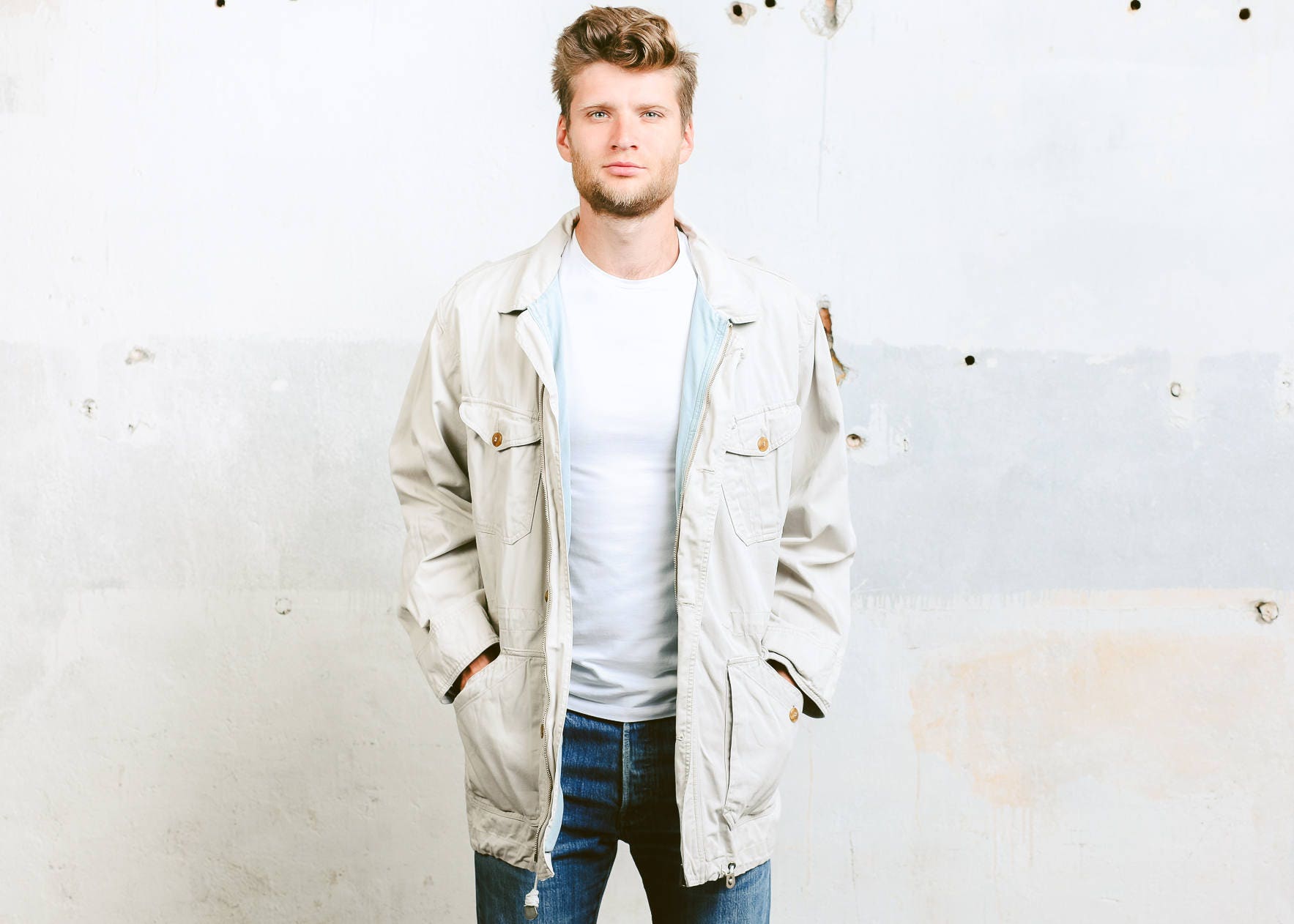 Beige Parka Jacket . Vintage 90s Men's Outdoors Jacket Outerwear Coat ...