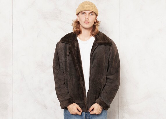 Leather Bomber Jacket Vintage 80s Faux Fur Mens Sh