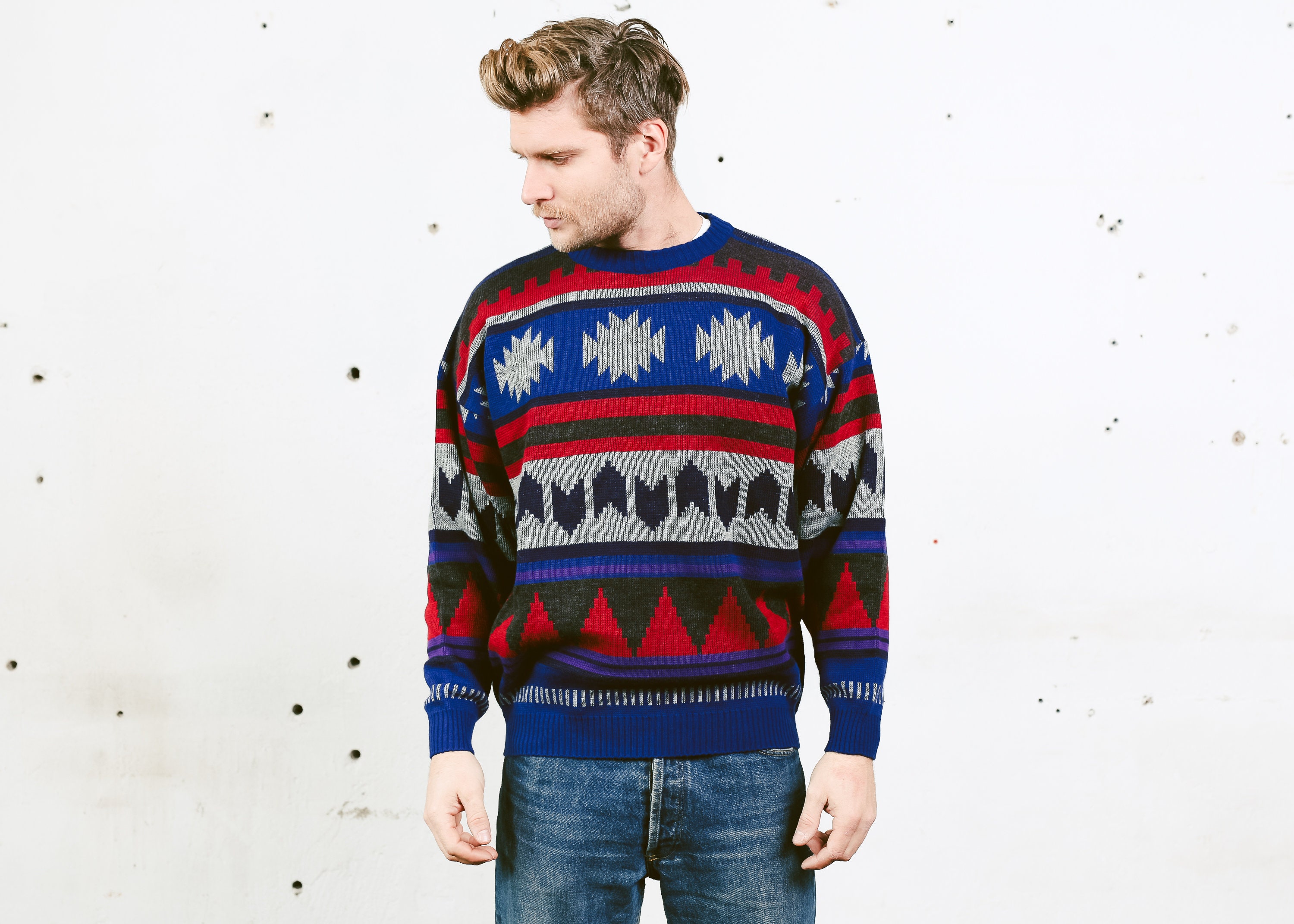 Vintage 80s Geometric Sweater . Men Patterned Soft Sweater Wool Blend ...