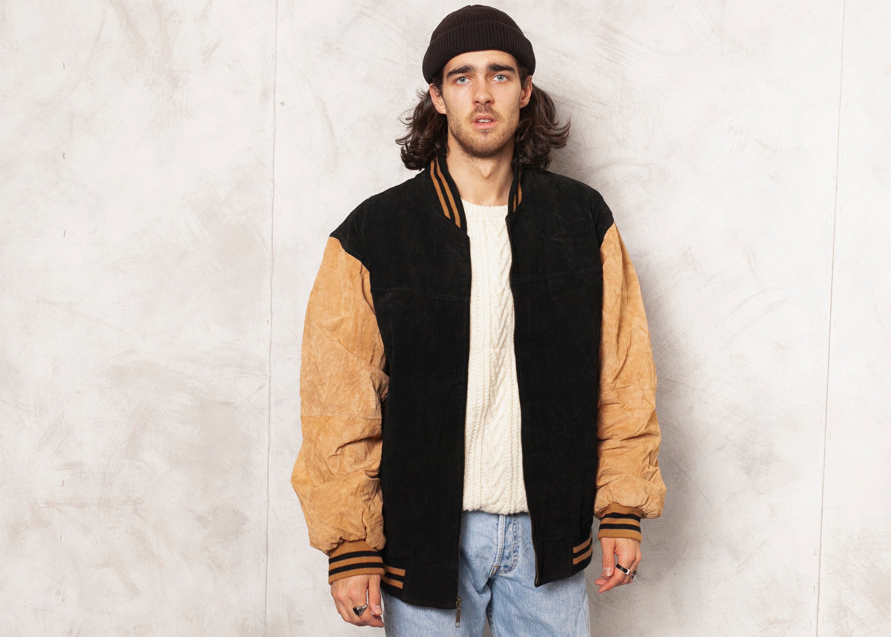 Black Bomber Jacket Suede 90s Jacket Men 1990s Aviator Jacket Coat Men's Outerwear Zip Up Suede