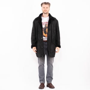 90&#39;s Men Black Sheepskin Coat, Men Size Large L/XL Sheepskin Coat, Black Shearling Coat, Black Fur Leather Overcoat, Men Winter Clothing