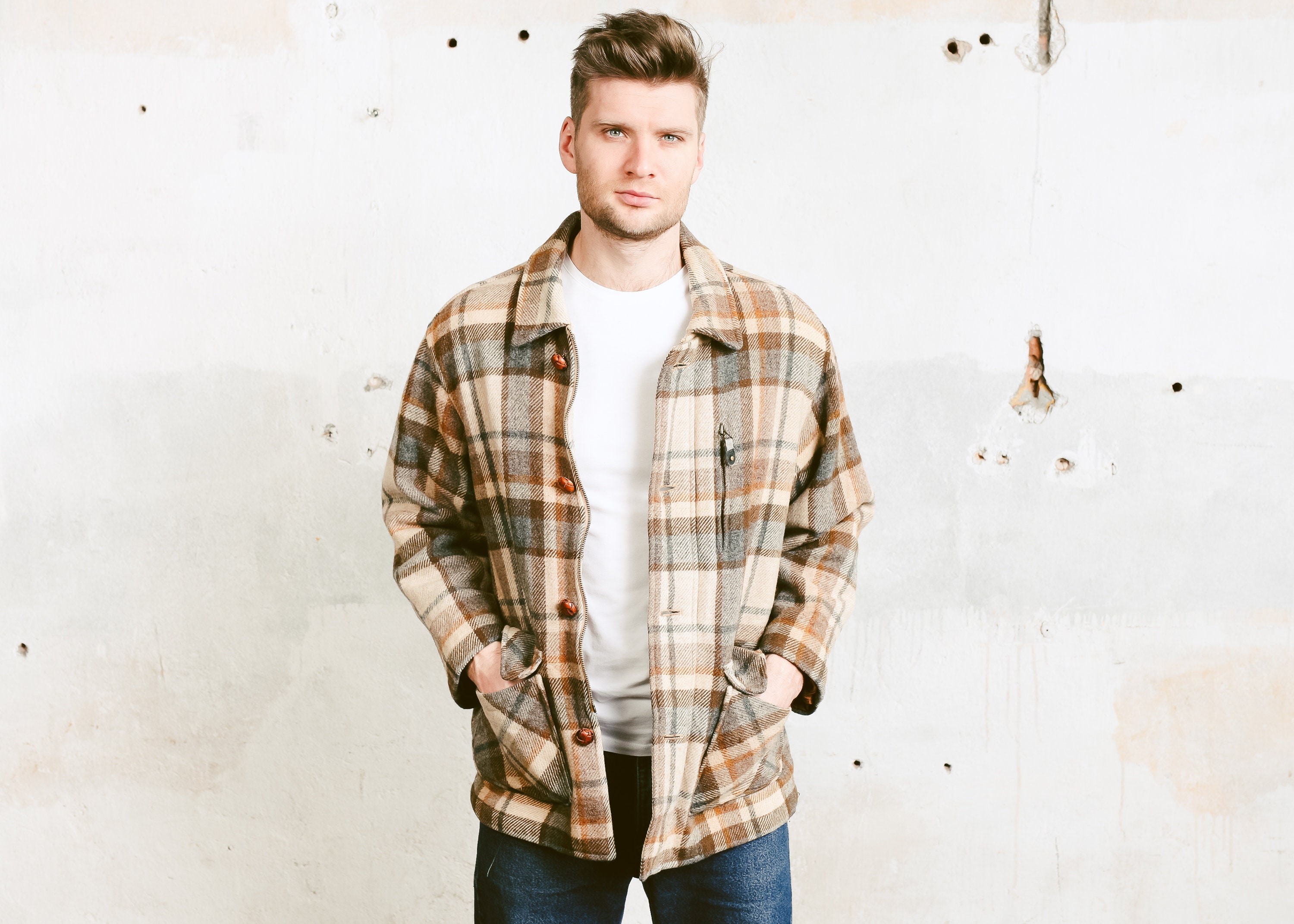 Vintage Men 70s Wool Jacket . Mens 