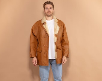 Manteau en peau de mouton pour homme des années 80, pardessus vintage taille L, vêtement d'extérieur western, manteau d'hiver en cuir, manteau en peau de mouton retourné, manteau pour homme des années 80, occasion