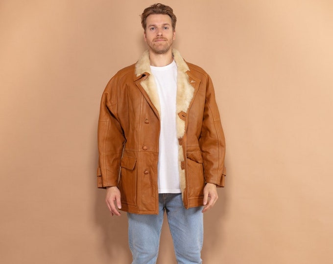 Men Sheepskin Coat 80s, Size L Vintage Overcoat, Western Outerwear, Winter Leather Coat, Shearling Coat,  80's Men's Coat, Pre Owned