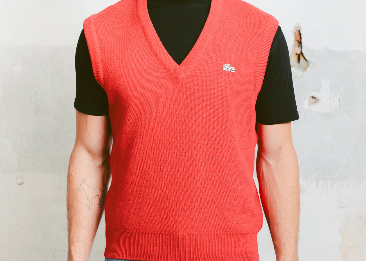Vintage 90s Mens LACOSTE Knit Vest . 1990s Patterned Red Vneck Preppy