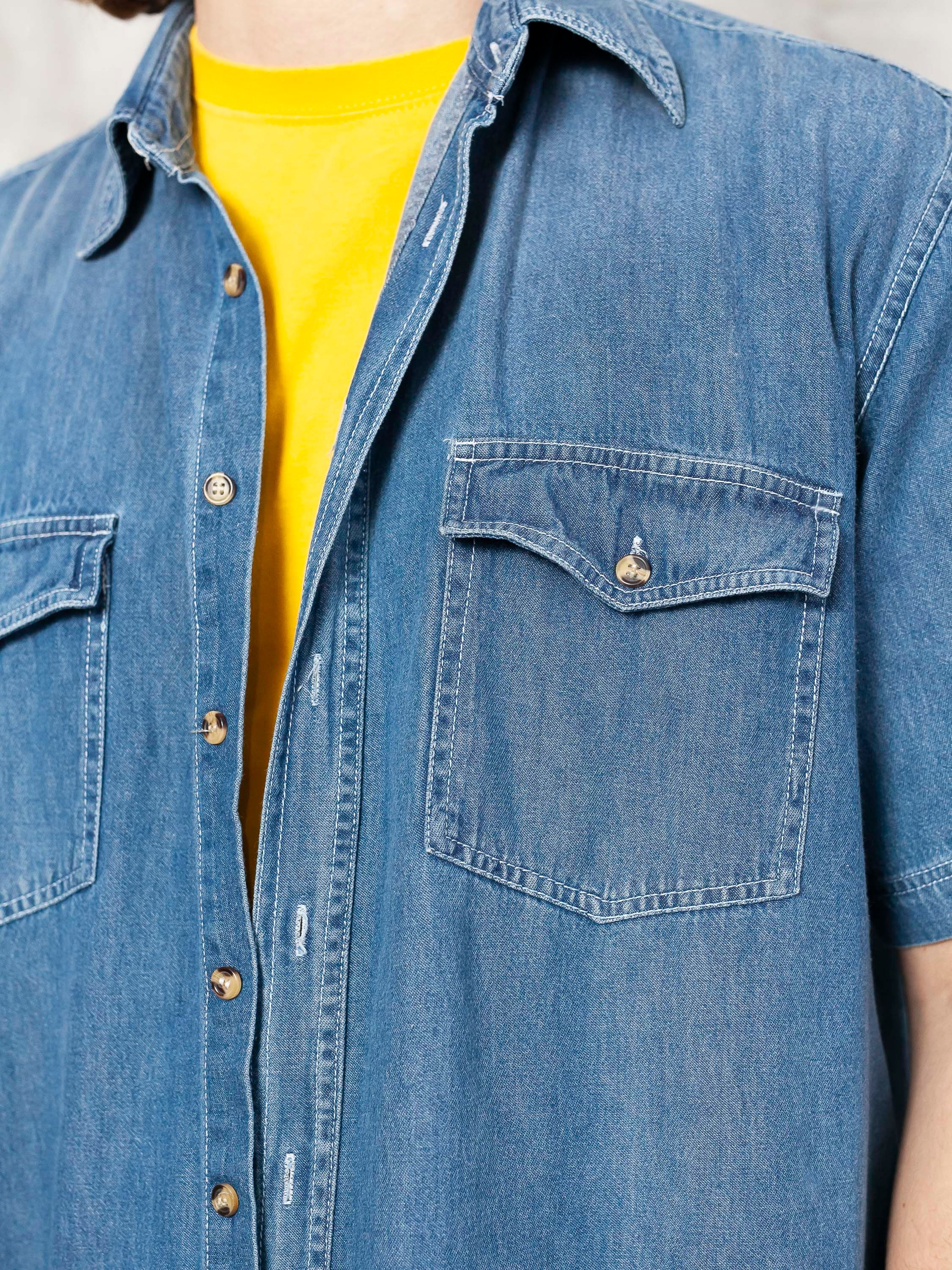 Denim Men Shirt vintage 90s short sleeve western shirt blue free fit jean shirt cotton button down shirt men clothing size xl extra large