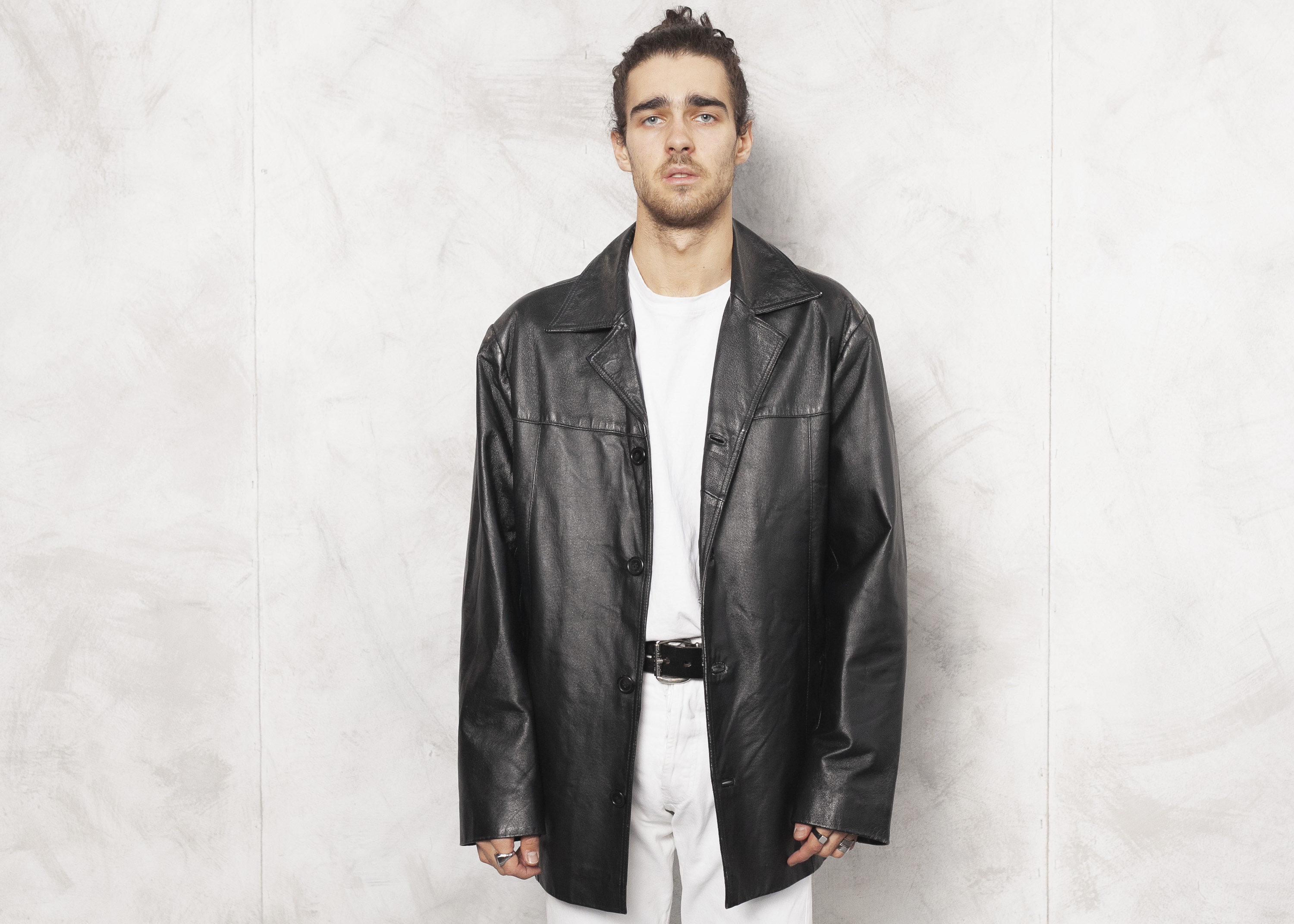 Black Leather Blazer Jacket Vintage 90s Casual Men Jacket Leather ...