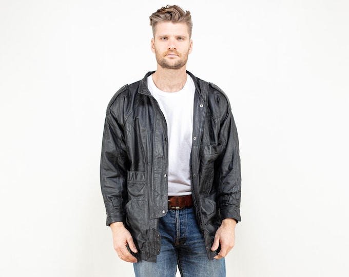 Padded Black Leather Jacket biker vintage 80s grey motorcycle jacket men gift idea biker leather jacket clothing size medium