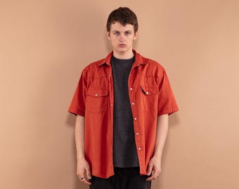 90s Orange Cotton Short Sleeve Shirt, Vintage Grunge Streetwear, Men's Size L/XL