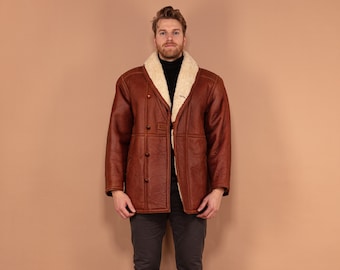 Manteau vintage en peau de mouton des années 80, grande taille, pardessus en cuir de mouton pour homme, manteau d'hiver chaud, manteau marron oversize, cadeau pour mari, vêtements d'extérieur