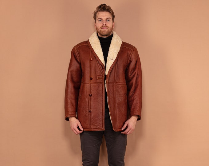 Vintage Sheepskin Coat 80's, Size Large, Men Sheep Leather Overcoat, Warm Winter Coat, Oversized Brown Coat, Gift For Husband, Outerwear