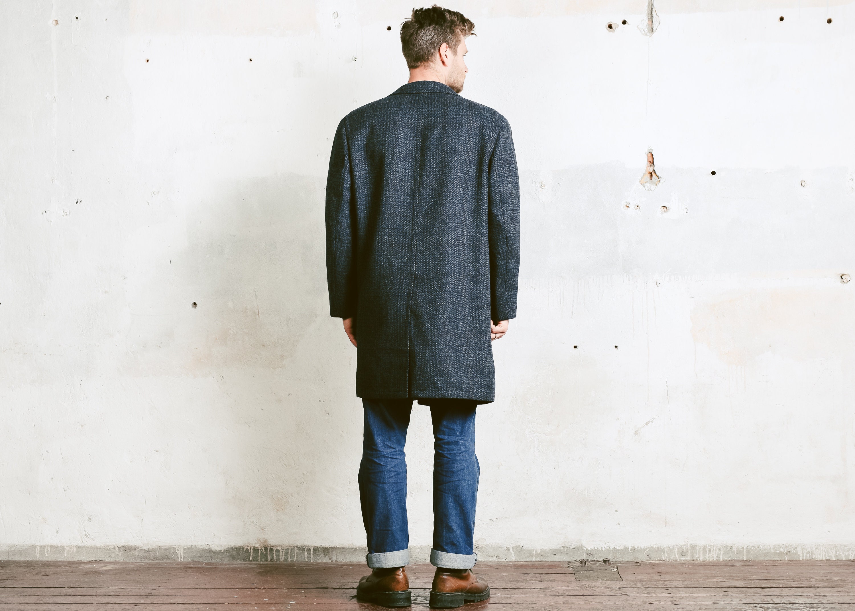 Men PEEK CLOPPENBURG Winter Coat . Vintage 90s Wool Overcoat Blue Grey ...