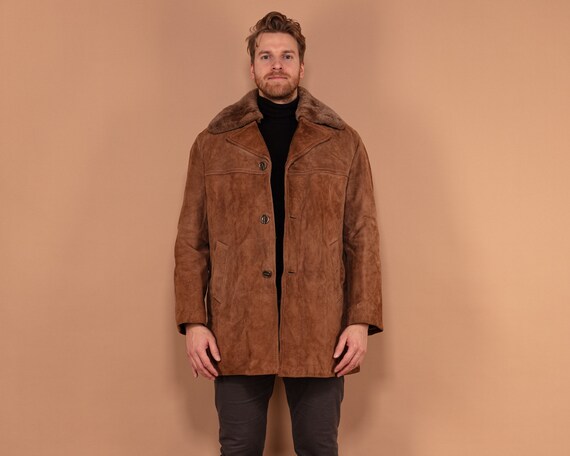 Herren Wildleder Wintermantel 70er Jahre, Größe L, Vintage Sherpa