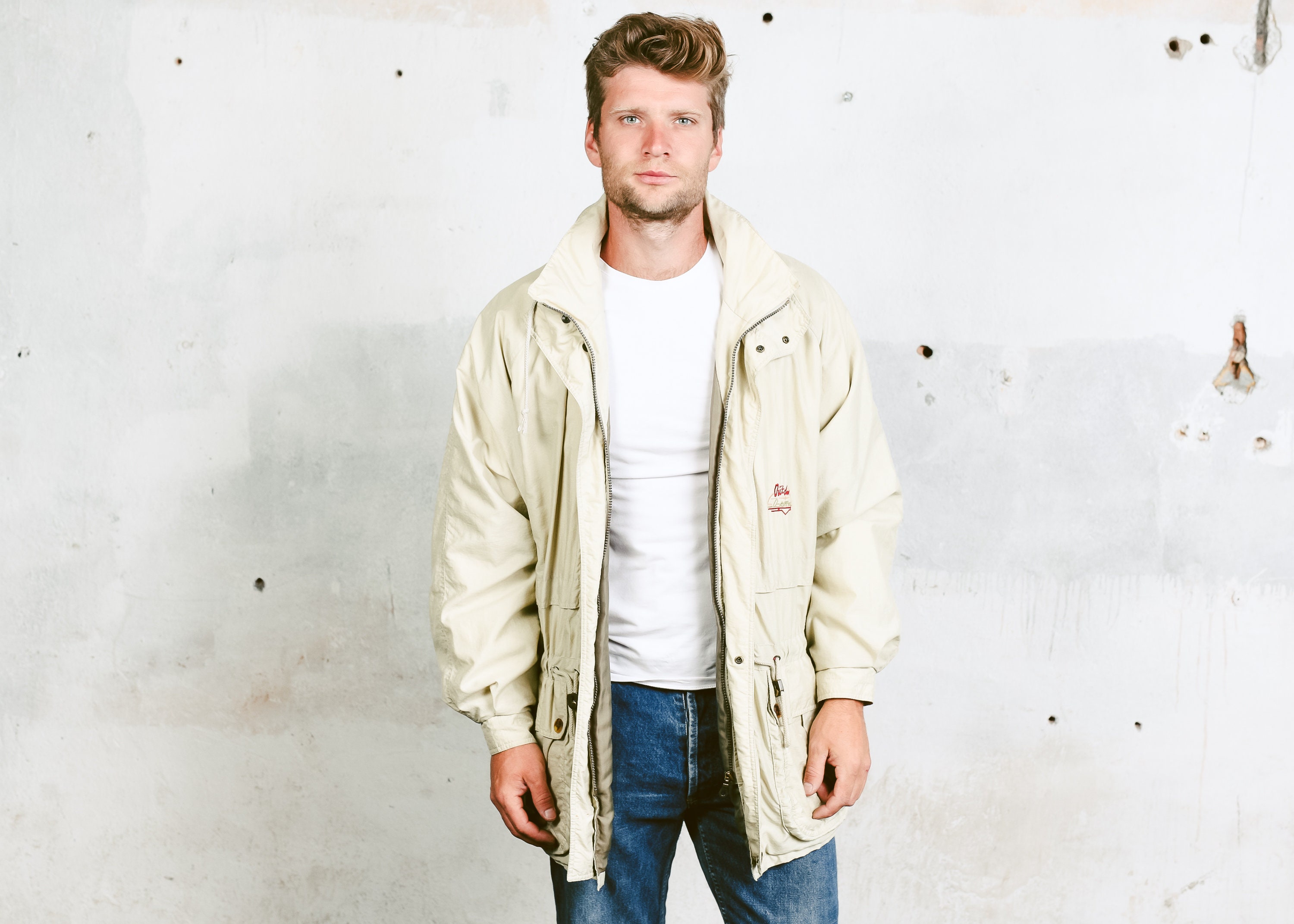 80s Men Parka Coat . Vintage Coat Beige Outerwear Long Coat Cotton ...