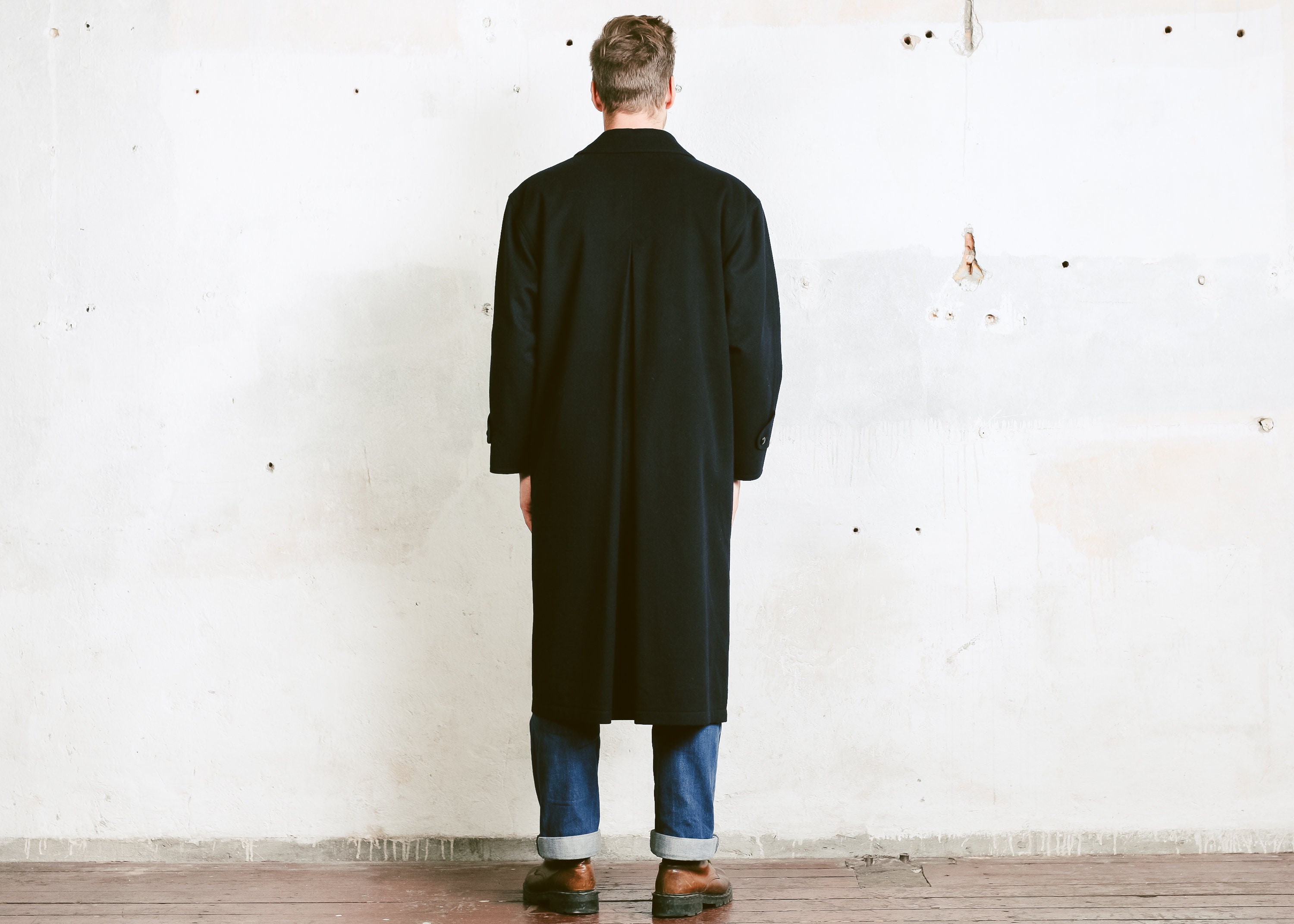 Navy Blue Wool Overcoat . Oversized Coat Men's Vintage 90s Winter Coat ...