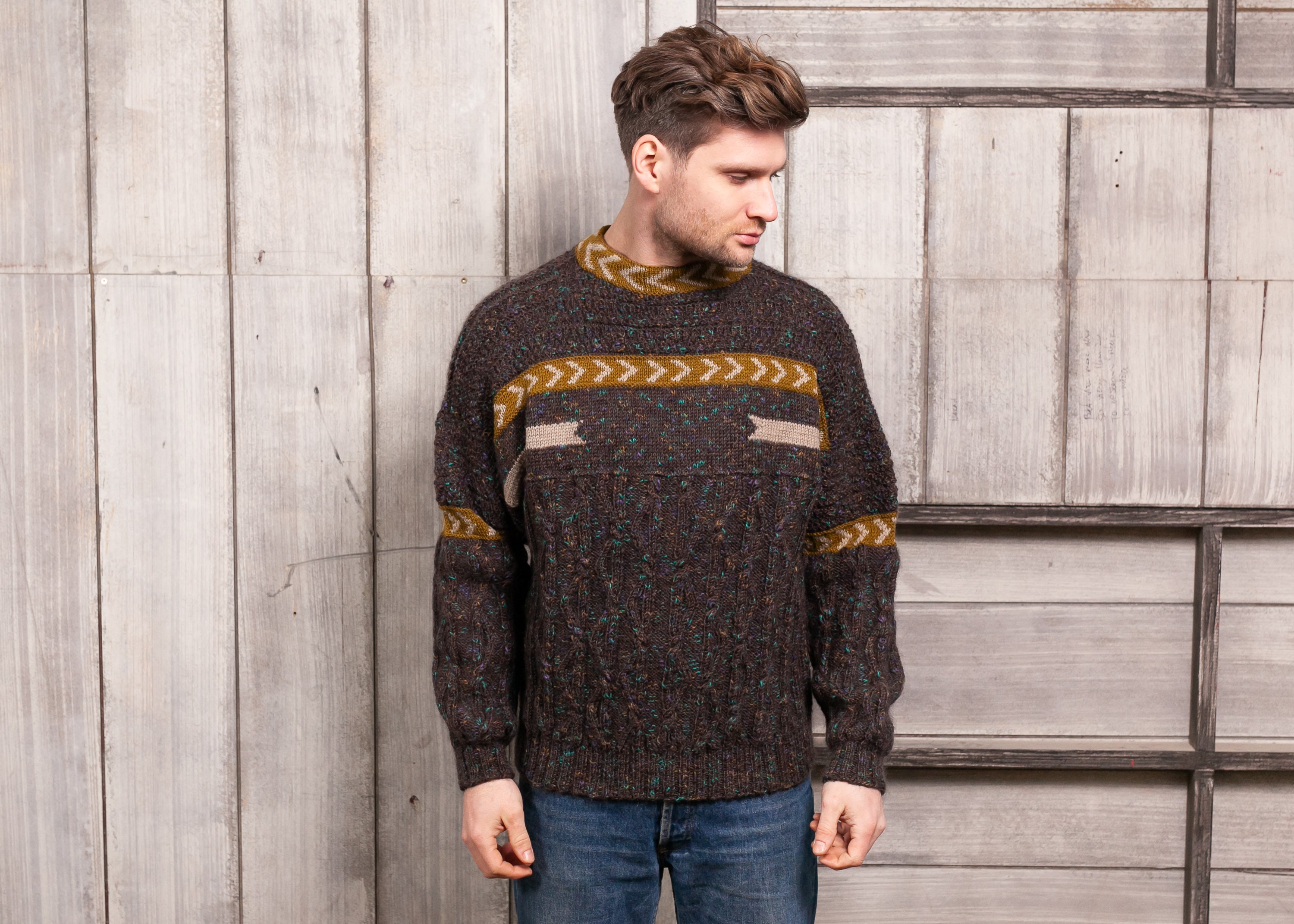Mens Vintage Patterned Sweater . 90s Striped Sweater Boyfriend Sweater Wool Blend Pullover 1990s 